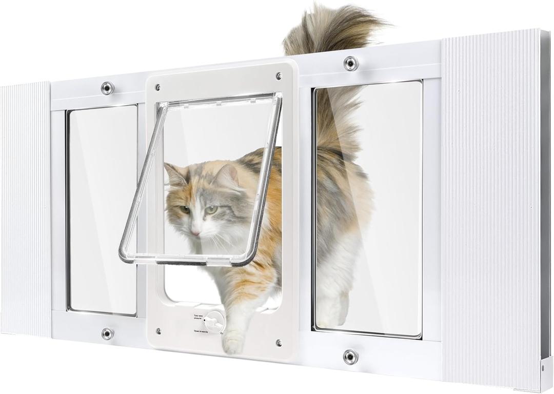 Aluminum Pet Door for Windows, Width Adjustable to Fit Window Width 27"-32", 10-Minute Cat Door Insert Window Installation, Cats Door for Window with Magnetic Suction Design and Weatherproof