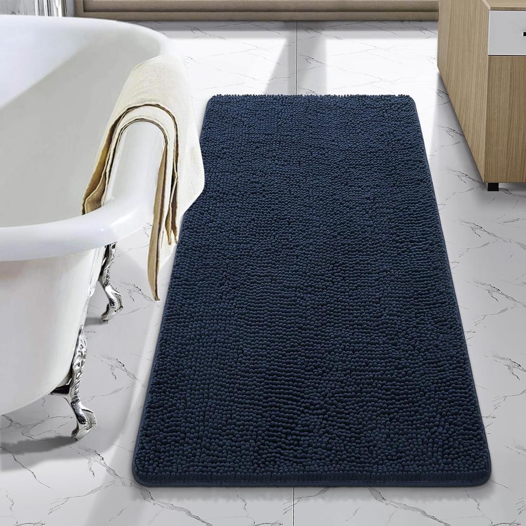 LOCHAS Luxury Bathroom Rug Shaggy Bath Mat 24 x 48 Inch, Washable Non Slip Bath Rugs for Bathroom Shower, Soft Plush Chenille Absorbent Carpets Mats, Navy