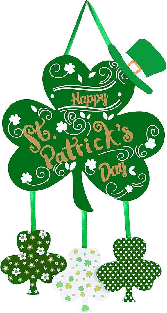 Happy St. Patrick's Day Door Sign Wooden Irish Hanging Welcome Board Shamrock Shaped Wooden Hanging Sign with Rope for St. Patrick's Day Party Home Decor, 10.6 x 11.8 Inches
