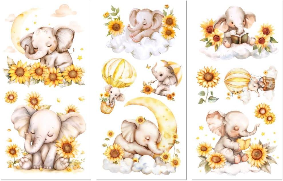 Peacoblue Rub on Transfer Decals for Furniture Crafts Decor Sunflower and Calf Elephant 6"x12", 3Pcs Waterproof UV DTF Transfer Sticker for Dresser Lingerie Chests Drawer Glass Porcelain Wood Plastic