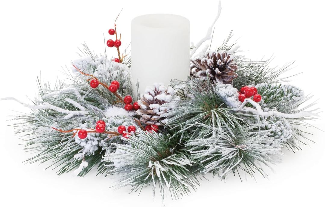 Melrose International Flocked Pine Berry Candle Ring 15.5" D