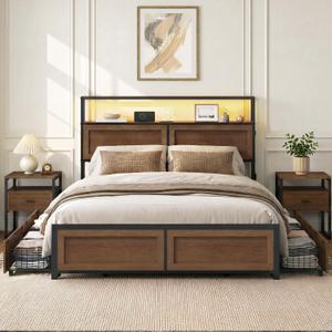 KISLOT 3PCS Bedroom Set with Storage, Industrial Bed Frame, Walnut, Queen