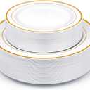 Gold Plastic Plates, MCIRCO 100 Pieces Disposable Party Plates for Weddings, Premium Gold Rim Plates, Include 50 10.25 Inch Dinner Plates and 50 7.5 Inch Dessert Appetizer Plates
