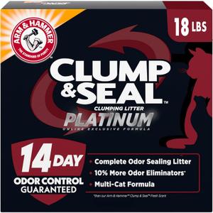 ARM & Hammer Clump & Seal Platinum Cat Litter, Multi-Cat, 14-Day Odor Control, Rock-Hard Clumps, 18 lbs  Powerful Odor Eliminator with Baking Soda
