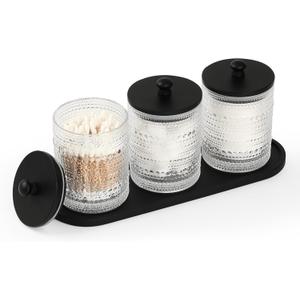eggs sound 3 Pack Qtip Holder  Bathroom Organizers and Storage, Cotton Round Swab Holder Dispenser Cotton Ball Holder with Tray, Glass Apothecary Jars with Lids, Floss Pick Containers  ms black