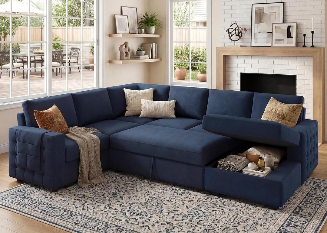 HONBAY Sleeper Sectional Couch with Pull-Out Bed Sectional Sleeper Sofa Pull Out Bed with Storage Chaise, 6 Seaters Couch for Living Room, Velvet Blue, 85.8"D x 111.4"W x 35"H