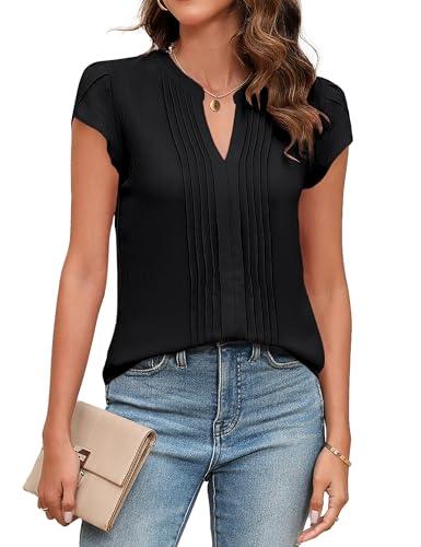 KIRUNDO Womens Blouses Dressy Causal V Neck Pintuck Short Petal Sleeve Business Tops 2025 Ladies Summer Trendy Shirt (S, Black)