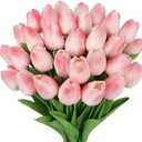 MACTING 30 PCS Artificial Tulip Flowers 13.7" Real Touch Fake PU Tulips Bouquet Faux Flowers for Floral Arrangements Table Centerpiece Kitchen Home Mothers Day Easter Spring Decorations(Peach Pink)