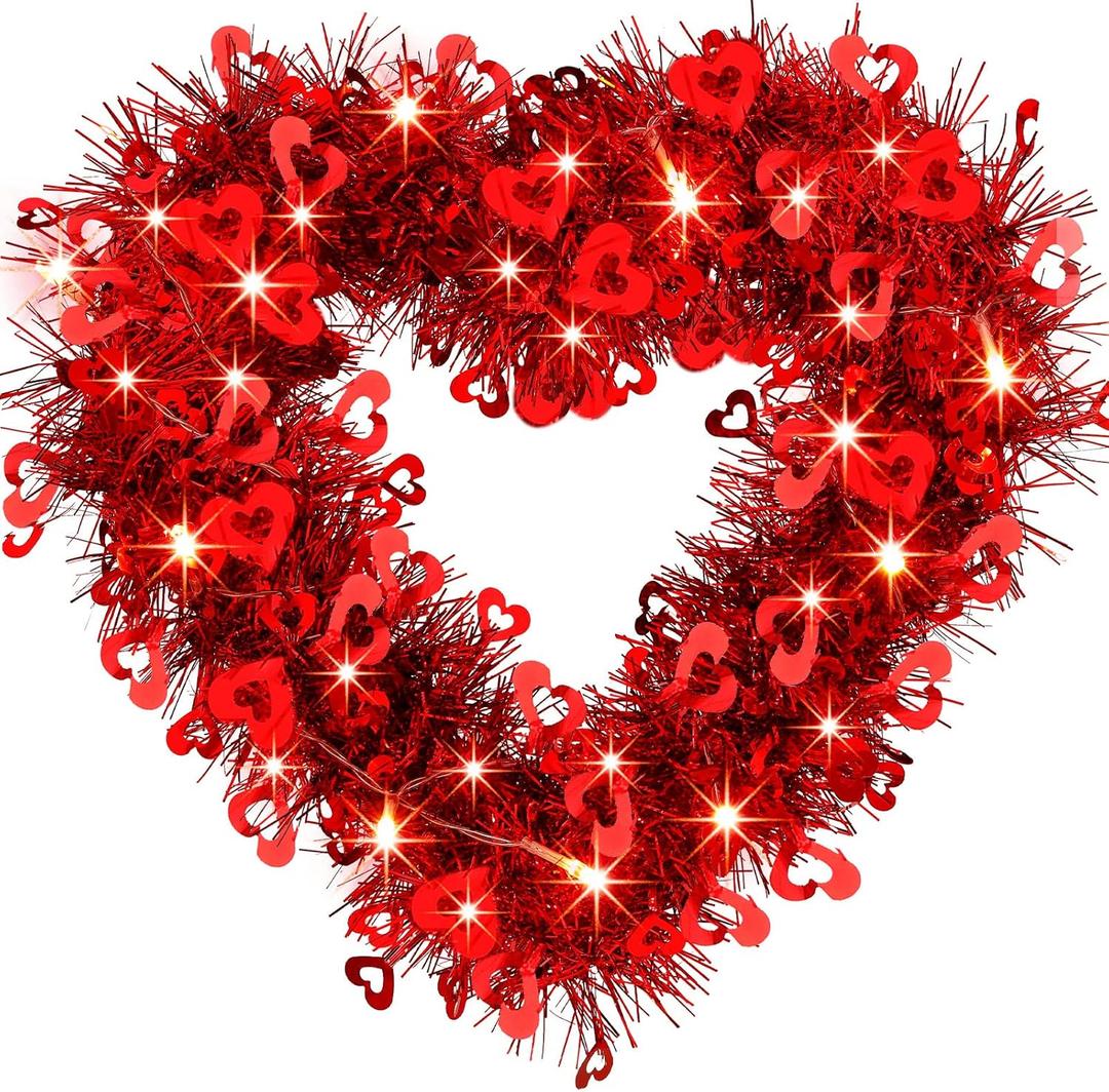 2 Pcs Valentine s Day Wreaths with Lighted- 14'' Heart Wreaths for Front Door Valentines Decorations Heart Shaped Tinsel Wreath and 20 LED Light for Wedding Proposal Engagement Party (Classic Style)