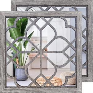 Wocred 2 PCS Square Wall Mirror,Gorgeous Rustic Farmhouse Accent Mirror,Barn Wood Color Entry Mirror for Bathroom Renovation,Bedrooms,Living Rooms and More(20x20)