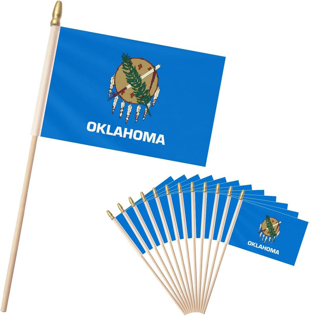 Oklahoma Handheld Flag 4x6 Inch 12 Pack American State Of Oklahoma OK Small Flag On Wood Stick Pole with Spearhead Bright Colors Polyester Indoor Outdoor