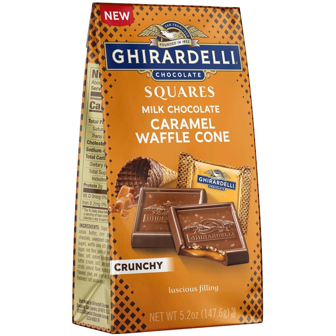 GHIRARDELLI Milk Chocolate Caramel Waffle Cone Squares  Rich Milk Chocolate with Caramel and Crispy Waffle Pieces, Individually Wrapped, 5.2 oz Bag