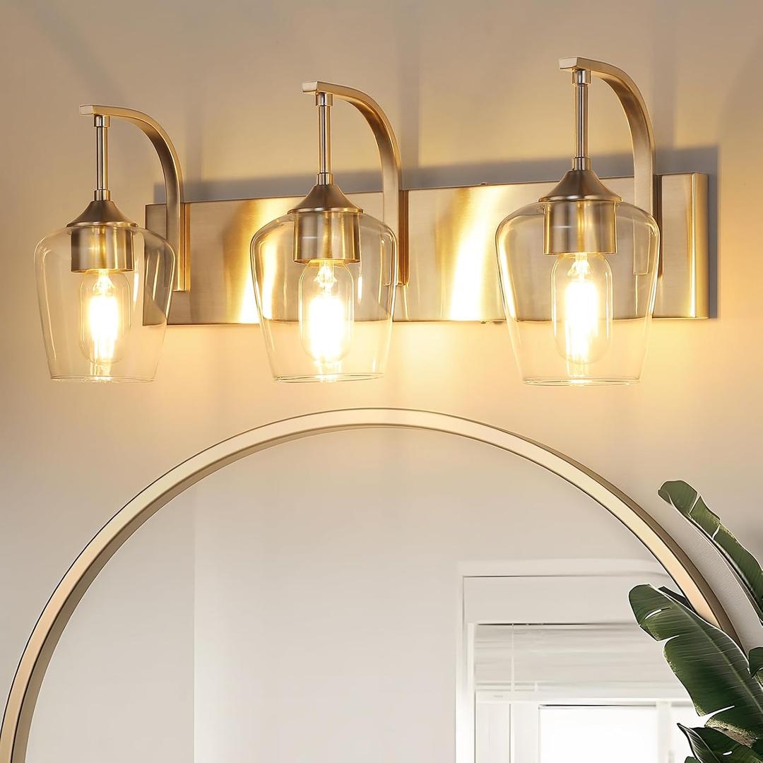 3-Light Brushed Nickel Bathroom Light Fixture With Clear Glass Shade, 23.62'' Modern Vanity Wall Lights for Bedroom Hallway Living Room (E26 Base)