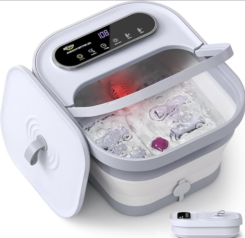 ALLJOY Foot Spa Bath Massager with Heat, Collapsible Foot Massager Spa Soaking Tub with Bubbles, Pumice Stone, Timer, 6 Shiatsu Massage Rollers Pedicure FootSpa for Relaxation,