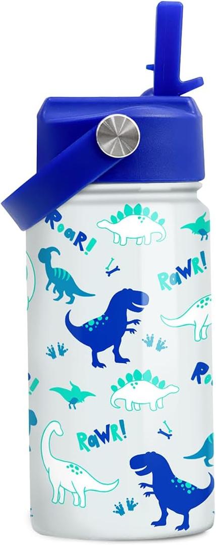 SANDJEST Dinosaur 12 oz Insulated Stainless Steel Water Bottle with Straw Lid - Thermos for Kids & Teens - School, Sports, Travel Cup