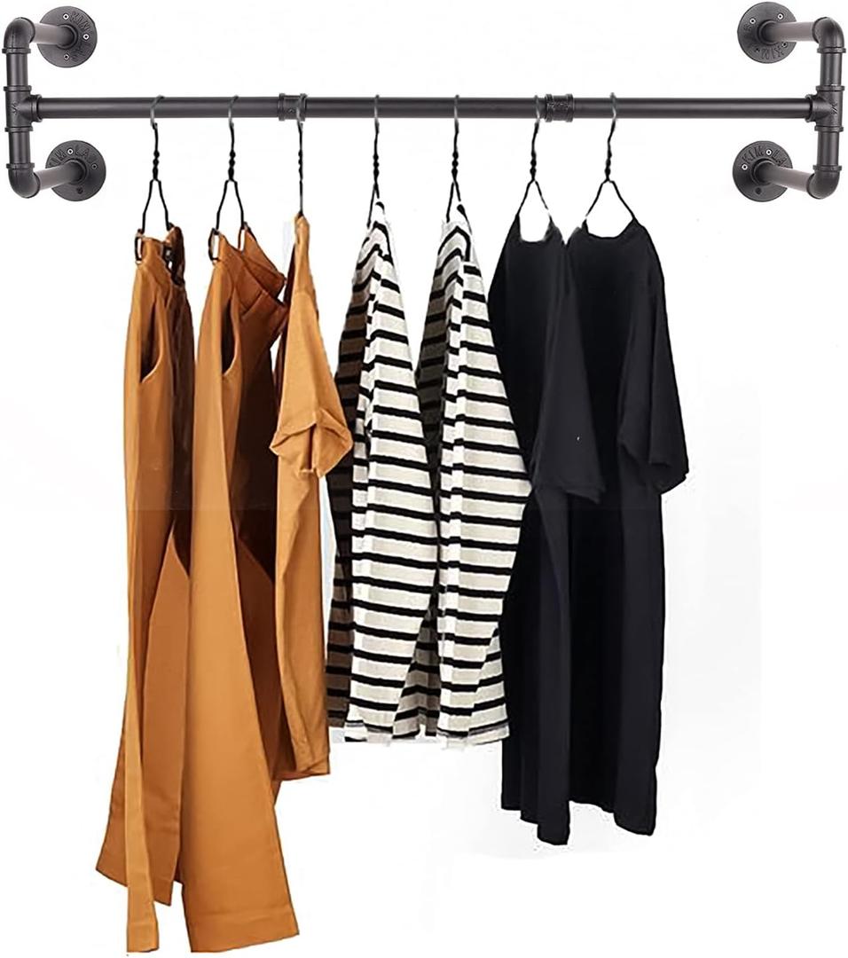 54 Wall Mounted Clothes Rack, Industrial Pipe Black Iron Garment Bar, Heavy-Duty Detachable Clothing Rod, Multi-Purpose Metal Wall display Hanging Pole for Closet Storage, Laundry Room 4 Base