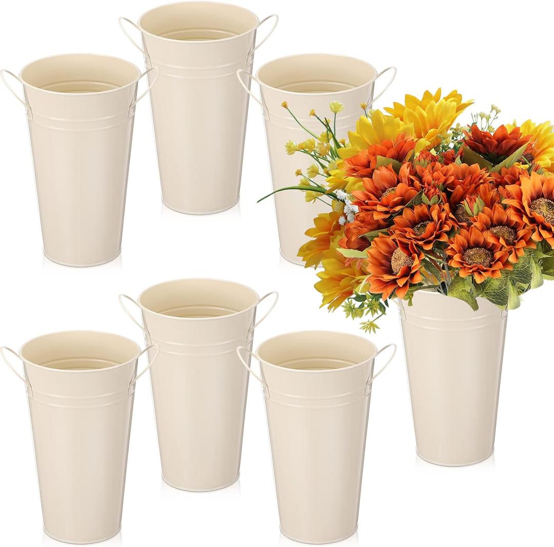 Chumia Flowers Buckets - 6 Pcs Galvanized Metal Vases DIY Bloom Bar Supplies Wedding Party Centerpiece Bridal Bouquet Pail with Handle Rustic French Tin Planter Floral Buckets(White,9.8 Inch)