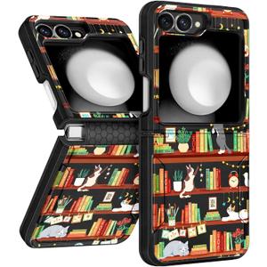 for Samsung Galaxy Z Flip 5 Case - Women Girls Cute Phone Cover Girly Aesthetic Kawaii Unique Design Cartoon Cat Bookshelf Heavy Duty Shockproof Protective for Samsung Z Flip 5 Case 6.7 Inch