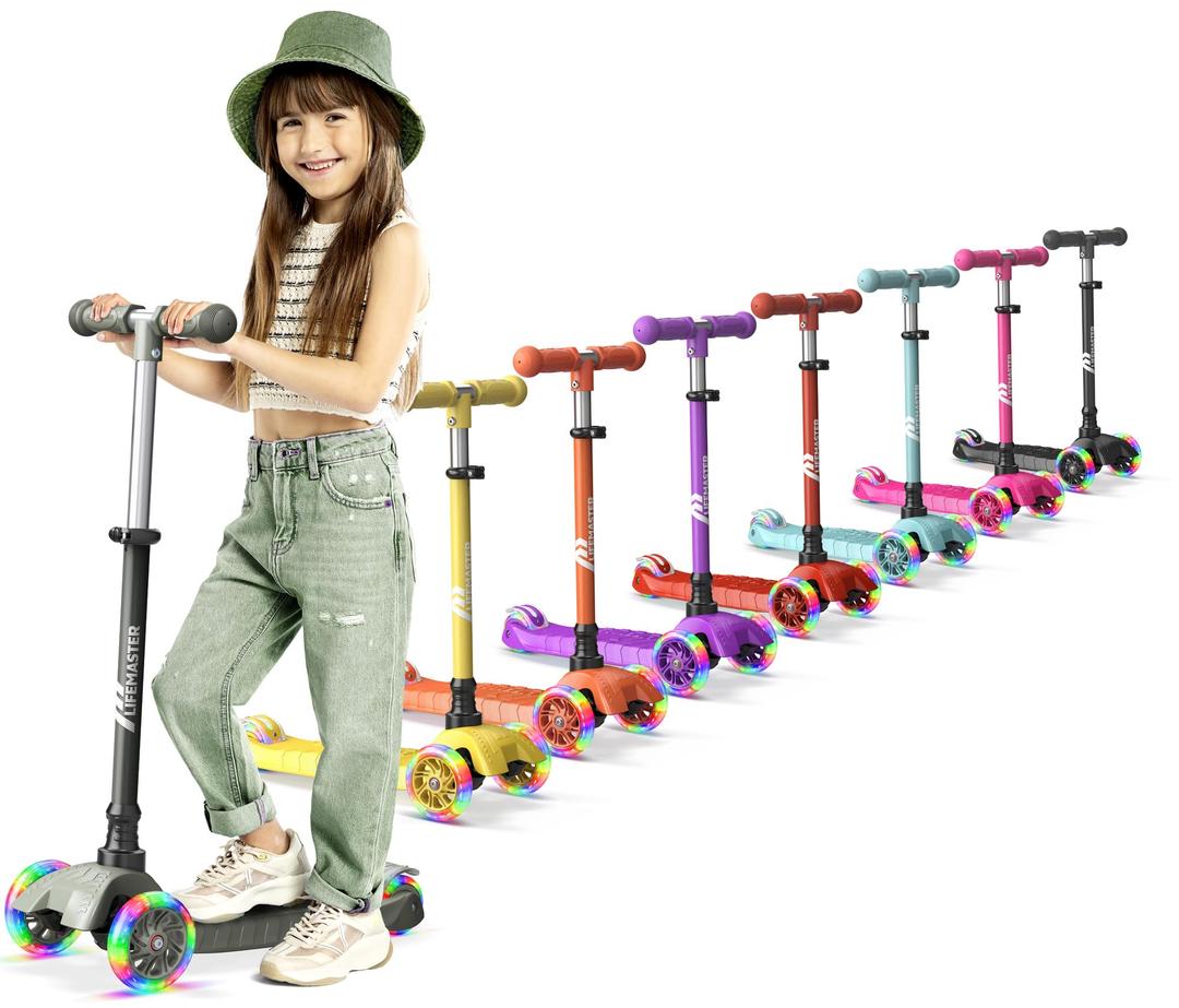 Lifemaster Mini 3-Wheel Kids Scooter with Multi-Color Wheel Lights – 4-Height Adjustable Handlebar, Wide Anti-Slip Deck, Child Safety Certified, Boys & Girls Ages 2+ Supports Up to 110 lbs, Neon Green
