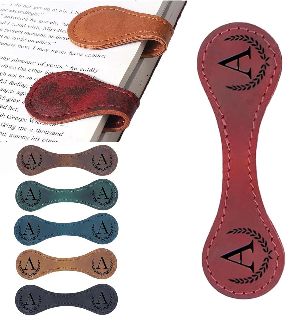 Personalized Magnetic Leather Bookmark, 26 Letters Custom Leather Bookmarks, Handmade, Leather Magnetic Bookmark for Book Lovers Readers Women Kid(RedA