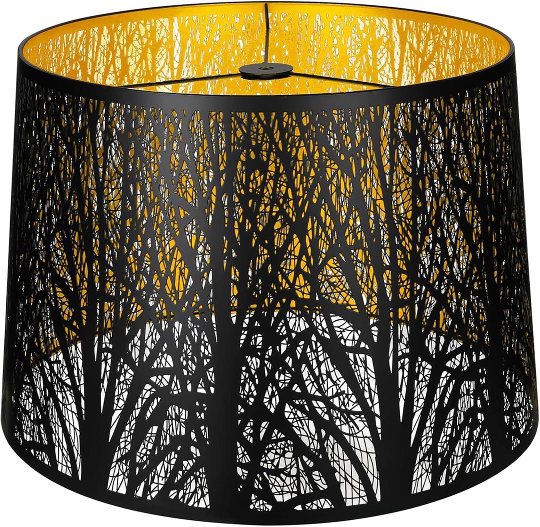 ALUCSET Metal Large Lampshade, Drum Lamp Shade 14" Top x 16" Bottom x 11" High, Lamp Shades for Table and Floor Lamps, Black Gold Finished Etched Forest Replacement Shade, Spider Fitter