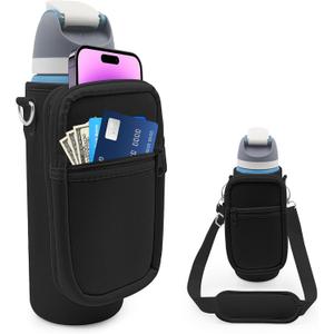 for Owala FreeSip Insulated Stainless Steel Water Bottle Cup Holder Cover Carrier Sling Bag with Strap, Pouch Pocket for Phone/Accessories, add Handle for Owala 24oz (Black-24oz)