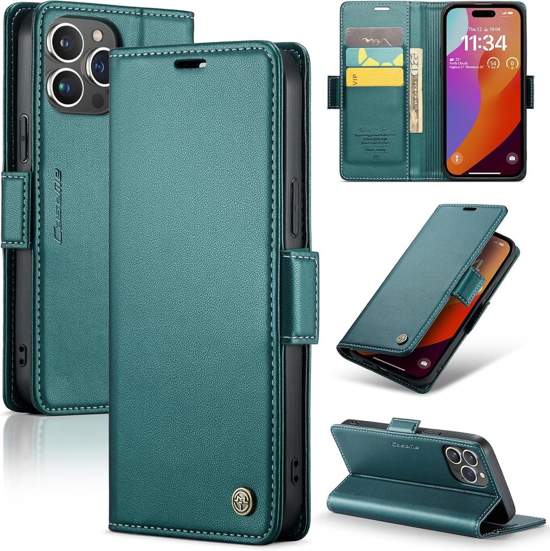 AUPAI for iPhone 14 Pro Wallet Case with Credit Card Holder, PU Leather RFID Blocking Folio Flip Kickstand Magnetic Clasp Protective Phone Cover for Women Men 6.1 Inch Cyan
