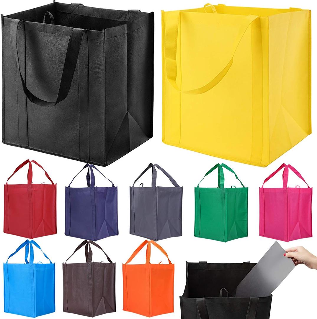 NERUB 10 Pack Reusable Reinforced Handle Grocery Bags - Heavy Duty Large Shopping Totes with Thick Plastic Bottom can hold 40 lbs (Brown Grey Blue Green Red Orange Yellow Navy Pink)