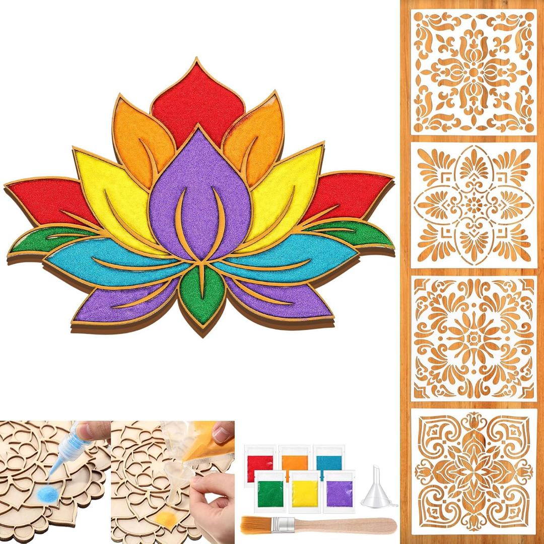 Weekgrat 11.8 Inch Diwali Rangoli Mats Mandala Sand Art Set Include 4 Pcs 6" Painting Stencils Wooden Coloring Mat Stencils for Diwali Rangoli Festivals Home Decor(Gold, Lotus)