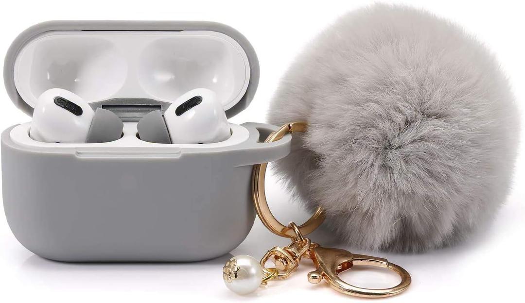 Protective Case Cover for Airpods Pro Charging Case with Ear Tips 1 Pair Kit, Air Pods Silicone Case with Soft Cute Ball Pom Pom Keychain Kit Together with Ear Buds Tips 2&1 (X, Grey)