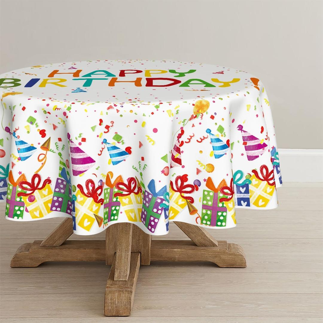 Horaldaily Birthday Tablecloth 48x48 Inch Round, Happy Birthday Ballon White Washable Seasonal Table Cover for Party Picnic Dinner Decor