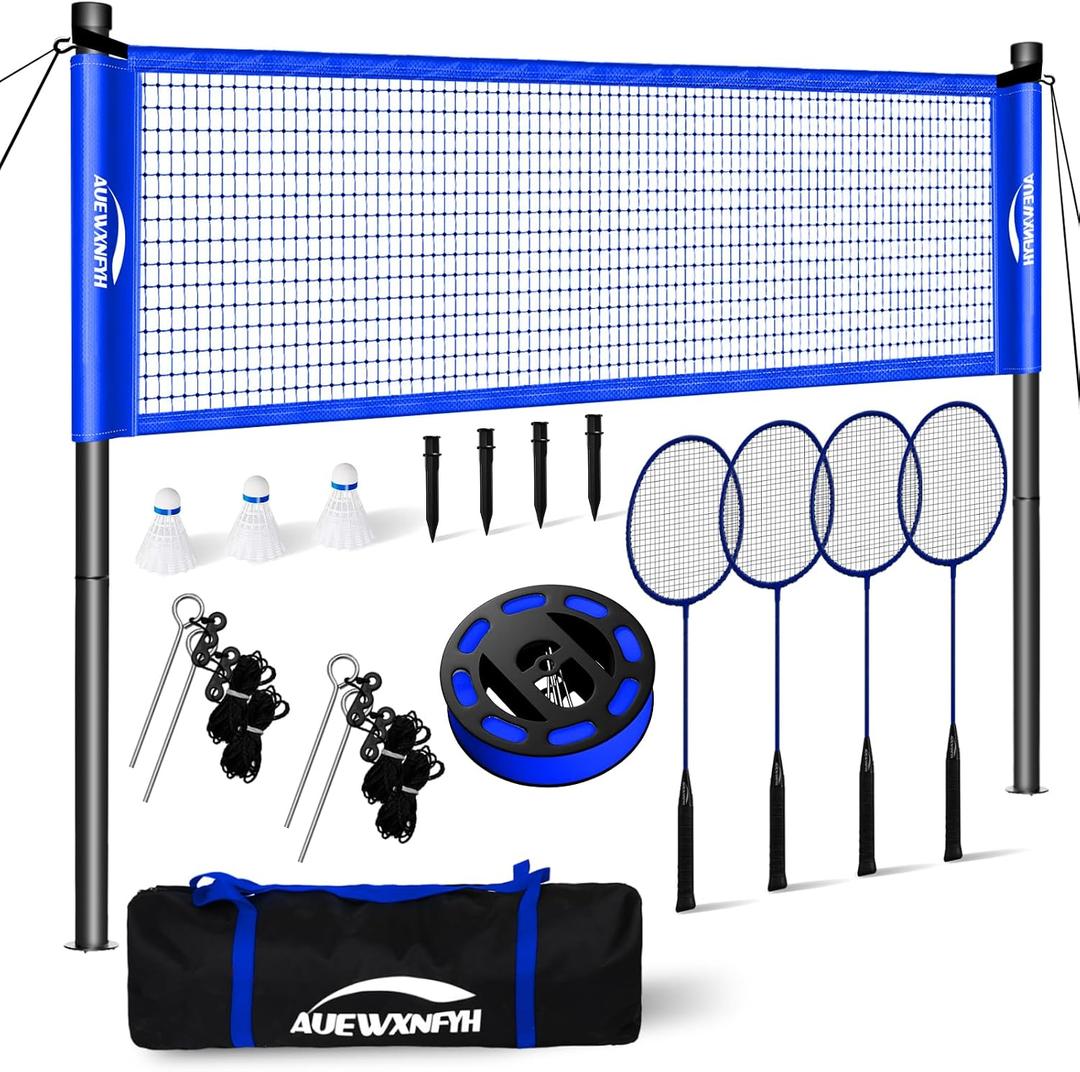 Portable Badminton Set, Heavy-Duty Outdoor Net with 4 Rackets, 3 Shuttlecocks & Boundary Line for Backyard Lawn Beach Family Games