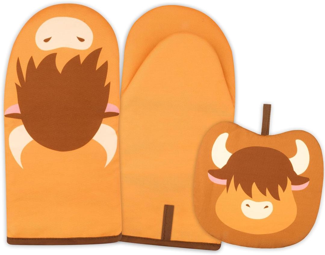 Oven Mitt, Cute Highland Cow Oven Mitts and Pot Holders Sets, Oven Mit Kitchen Mitts for Oven, Oven Mitts Heat Resistant Highland Cow Kitchen Decor & Gifts for Housewarming (Khaki)