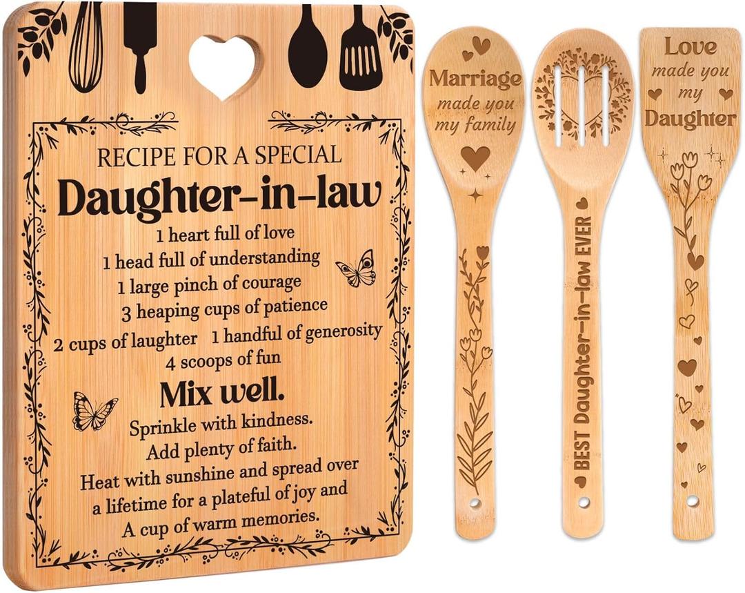 Gifts for Daughter in Law - "Recipe for a Special Daughter-in-Law" Daughter in Law Birthday Gifts Cutting Board Set, Bamboo-Made Engraved Utensil Set Birthday Gifts for Daughter in Law
