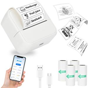 Sticker Printer, Thermal Sticker Maker with 4 Roll Paper Sticker Maker Machine Bluetooth Inkless Mini Label Maker for Student, Teacher, Home, School, DIY Creations, Sticky Scrapbook, Lists