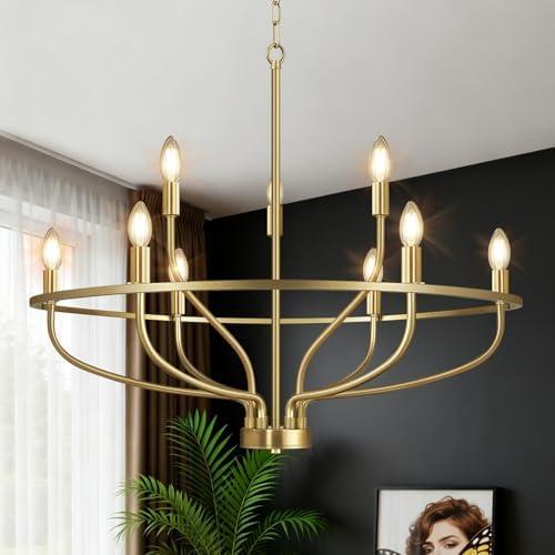 30" Gold Chandelier, 9-Light Modern Farmhouse Chandelier for Dining Room Lighting Fixtures Hanging, Candle Chandelier Light for Living Room, Kitchen Island, Bedroom and Entryway (Bulbs Not Included)