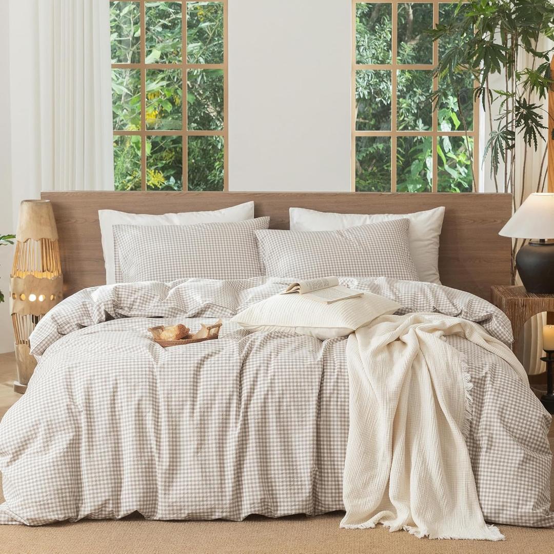 MooMee Gingham Duvet Cover Set 100% Washed Cotton Linen Like Textured Breathable Durable Soft Comfy Modern Checkered Design (Mini Gingham Tannish Linen Grey, King 104"x90")