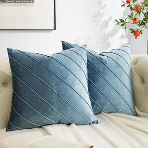 GIGIZAZA Decorative Velvet Pillow Covers 16x16, Set of 2 Stone Blue Sofa Couch Throw Pillows Covers Cases, Living Room Square Cushion Accent Stripe Covers (16" x 16" (Pack of 2))