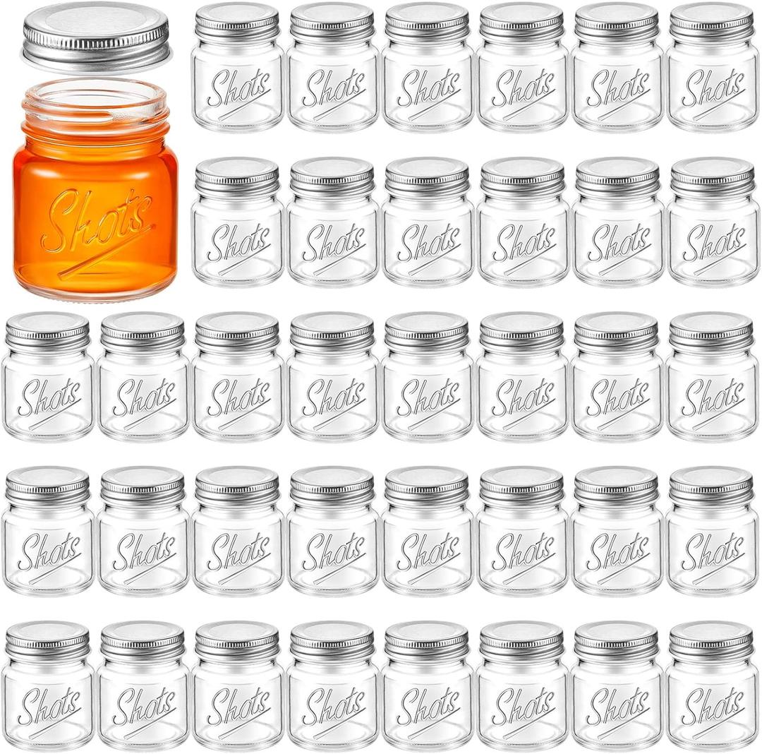 Tessco 36 Pcs Mini Mason Jar Shot Glasses with Lids 2 Oz Dishwasher Safe Mason Shooter Glass for Wedding Party Favors Home Bar Drinks Favors Desserts (Clear)