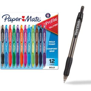 Paper Mate Profile Retractable Ballpoint Pens Bold, 1.4mm, Assorted Colors, 12 Count - Back to School, Home, Office, Teacher Supplies