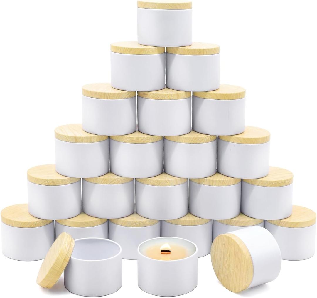 24-Pack 4oz Candle Tins with Wood-Grain Printing Lids, Metal Candle Jars for Candle Making, Bulk Empty Containers for Beginners & DIY Storage - Wood White
