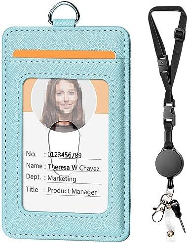 Leather Badge Holder and Adjustable Retractable Lanyards, Quick Release Buckle and Safety Breakaway Lanyards with Swivel Metal Clasp for Offices, Staff, Students, Employees 4PCS