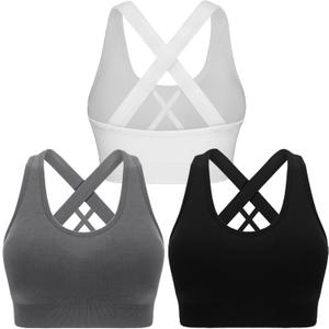 Double Couple Sports Bras for Women Padded High Impact Seamless Criss Cross Back Workout Tops Gym Activewear Bra (XX-Large, Black+ White+gray)
