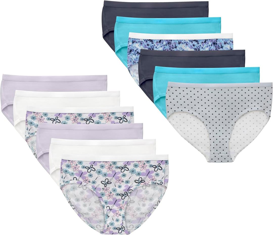 Hanes Brief Underwear, Stretch Cotton Panties for Girls, Assorted, 12-Pack (14, White, Purple, Blue, Grey, Floral Print, Dot Print, Tie-dye Print)