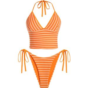 ZAFUL Striped Swim Suits for Women 2025 Halter V Neck Tankini Sets Terry Bikini High Cut Tie Side Thong Bathing Suit (Medium, Orange)