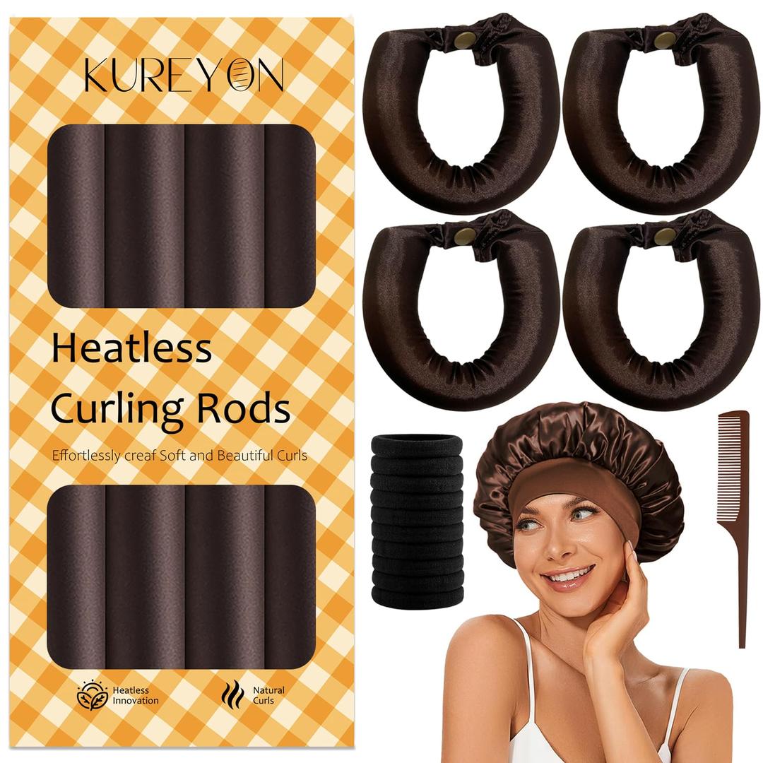 Satin Heatless Hair Curler,4 Piece Set,Overnight Heatless Curls, Not easy to slip Heatless Curling Rod You Can Sleep In, Soft Silk DIY Hair Styling Tools Kit, Silk Bonnet for Sleeping-Brown