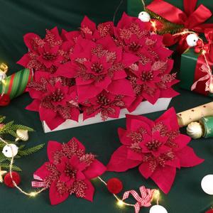 Alupssuc 24PCS 6"& 9" Red Artificial Poinsettia Christmas Flowers, Glitter Faux Ornaments for Xmas Tree Wreath Garlands New Year Home Decor, Red