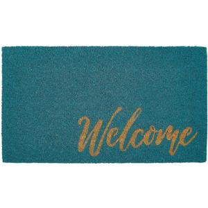 mDesign Non-Slip Rectangular Coir and Rubber Entryway Welcome Doormat with Natural Fibers for Indoor or Outdoor Use - Decorative Script Design - Turquoise Blue/Natural/Beige (1'5" x 2'6" (Rectangular))