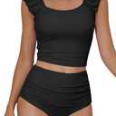 Eomenie Tankini Swimsuits for Women Ruched Tummy Control Bathing Suit Two Piece Swim Tank Top with High Waisted Bottom (XX-Large, Black)