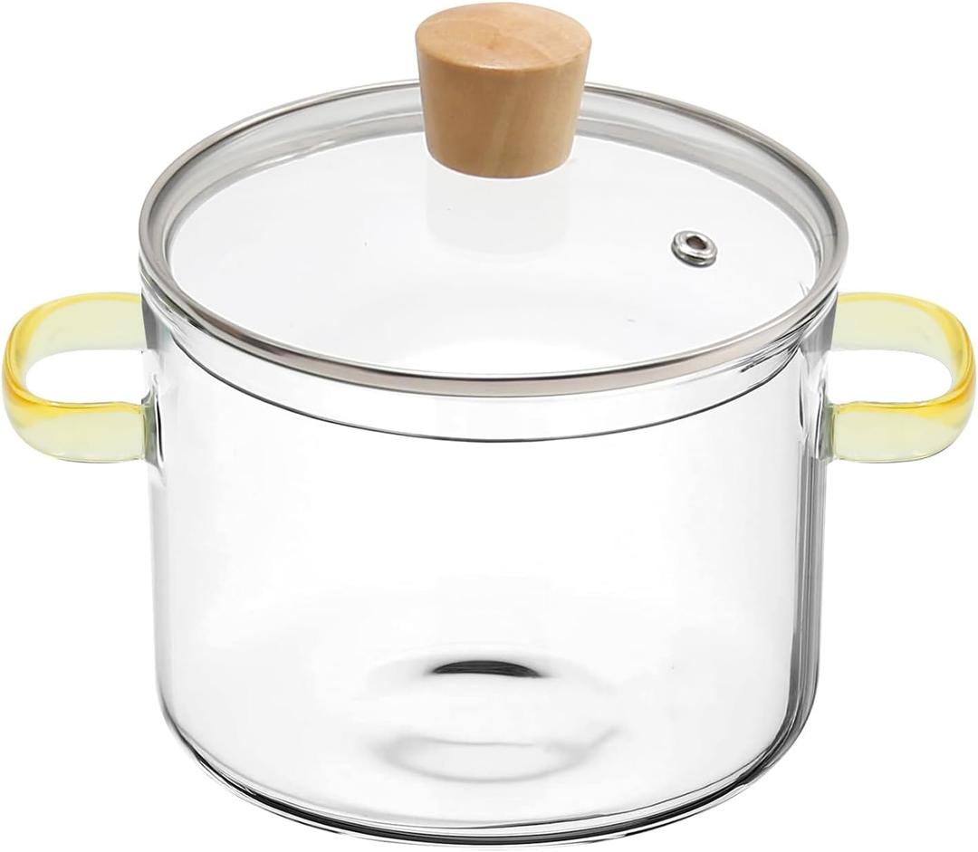 Transparent Glass Clear Heat Resistant Cooking Pot with Lid Soup Porridge Pot Glass Cookware Soup Bowl for Kitchen (Yellow Handle)